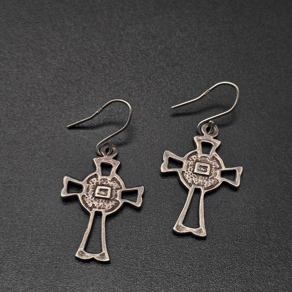 Sterling SIlver Cross Earrings Dangle Drop Pierced 925 - Picture 5 of 10